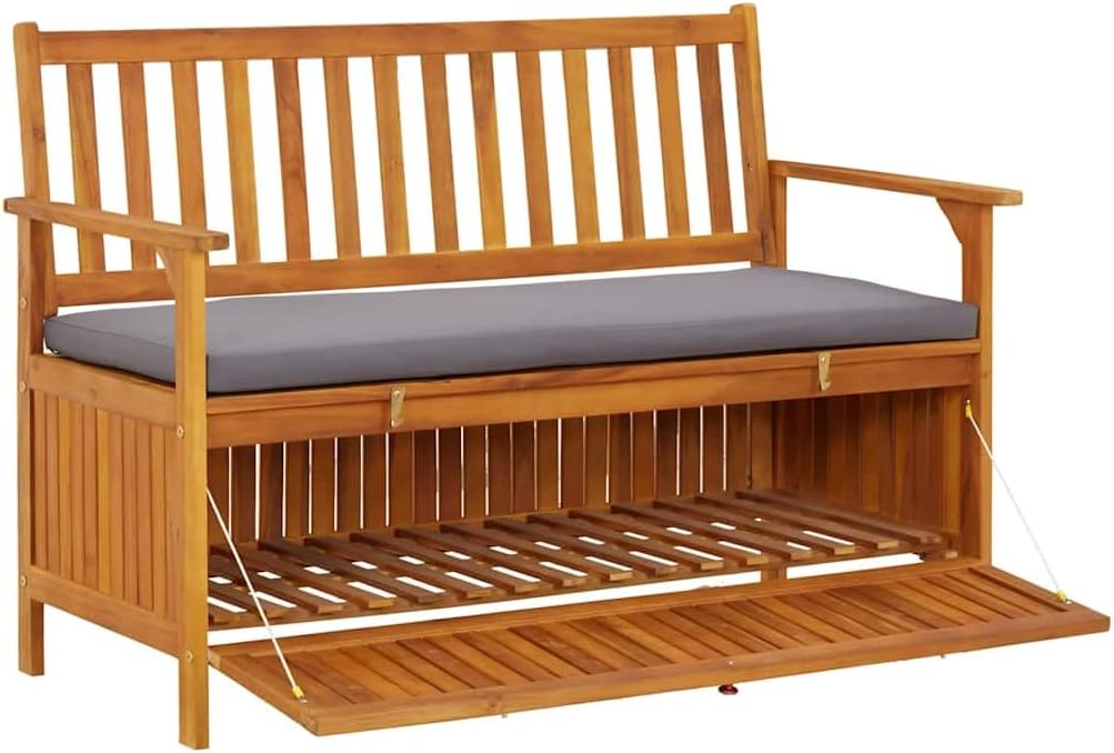 Solid Acacia Wood Patio Storage Bench 47.2 Inch with Seat Cushion, Wooden Outdoor Bench with Large Storage Compartment and Armrests