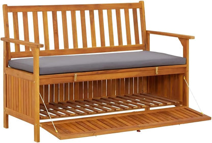 Solid Acacia Wood Patio Storage Bench 47.2 Inch with Seat Cushion, Wooden Outdoor Bench with Large Storage Compartment and Armrests