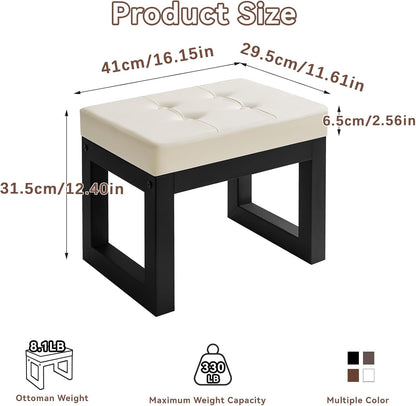 IBUYKE 16 Inch Small Foot Stool Ottoman, Rectangle PU Faux Leather Foot Rest with Padded Seat and Metal Legs, Modern Ottoman Foot Rest for Living Room Bedroom Entryway Couch,White WBD026W