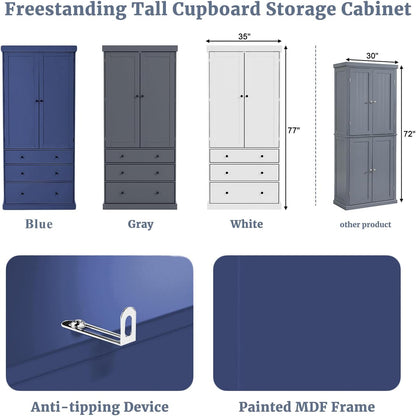 77inch Farmhouse Kitchen Pantry, Freestanding Tall Cupboard Storage Cabinet with 3 Adjustable Shelves, 8 Door Shelves, 3 Drawers for Kitchen, Dining Room, Blue