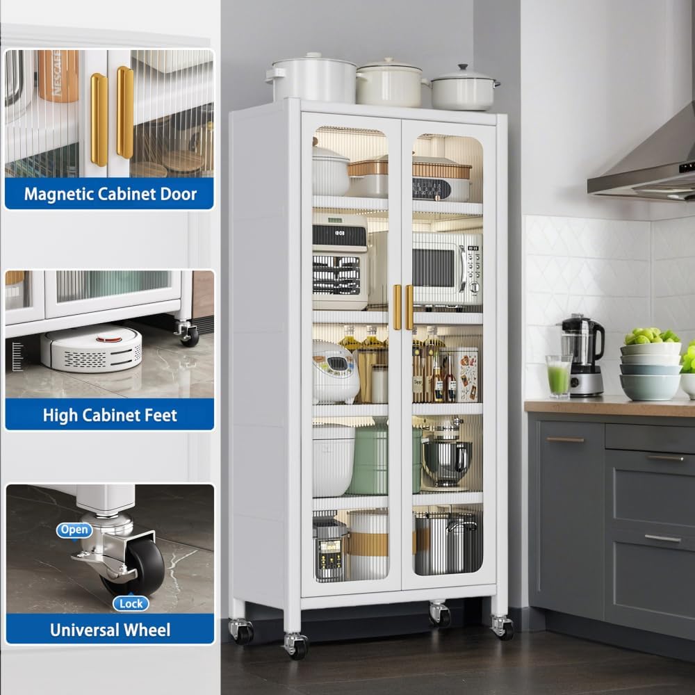 65" Kitchen Pantry Storage Cabinet - Metal 6-Tier Cabinet Transparent Doors with Wheels & Adjustable Shelves for Living Dining Room (White)