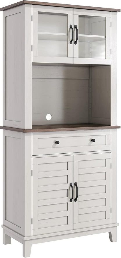 GAOMON Elegant 72" White Pantry Coffee Bar Cabinet – Tall Kitchen Storage with Adjustable Shelves, 4 Glass Doors & 1 Drawer – Multi-Functional Hutch for Dining Room & Kitchen, White