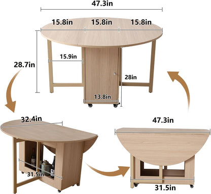 COMUHOME Wood Round Folding Dining Table with 4 Chairs, 47.3" Folding Table and Chairs with Storage Shelf Metal Legs for Home Dining Room Living Room, Space Saving Foldable Dining Table with 4 Chairs