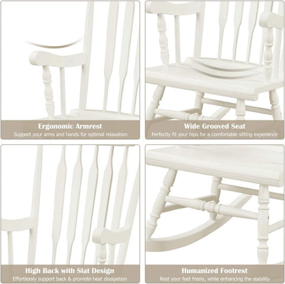 Giantex Outdoor Wood Rocking Chair - Patio Rocking Chair with Solid Rubber Wood Frame, Slat Back, Outside & Indoor Rocker for Garden, Poolside, Balcony, Backyard, Lawn, Front Porch Rocker, White