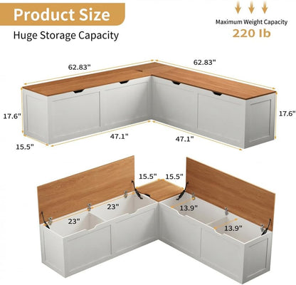 L Shape Kitchen Breakfast Nook Bench, Kitchen Corner Nook Bench Seating with Hidden Storage, Corner Dining Bench for Entryway. (White + Yellow)