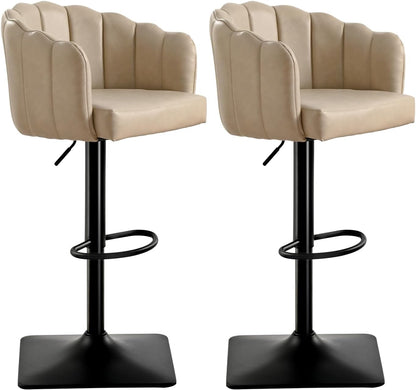 Swivel Bar Stools Set of 2: 24.8" to 32.7" Height Adjustable PU Upholstered Barstools for Counter Kitchen Island Tall Metal Bar Stool Black & Beige