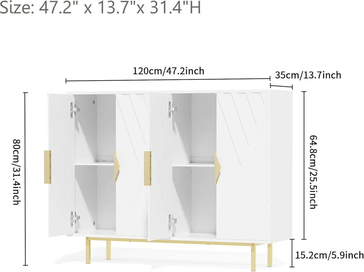 Sideboard Buffet Cabinets with Storage, Accent Storage Cabinets with Fluted Doors, Gold Metal Handle and Legs, Wood Console Table Credenza for Living Room, Entryway, White
