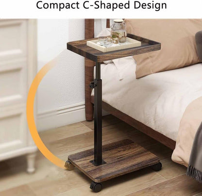 C Shaped End Table Adjustable Height with Wheels, Couch Tables That Slide Under, C Shaped End for Couch Double-Layered Storage for Living Room, Bedroom,Cherry Wood Color