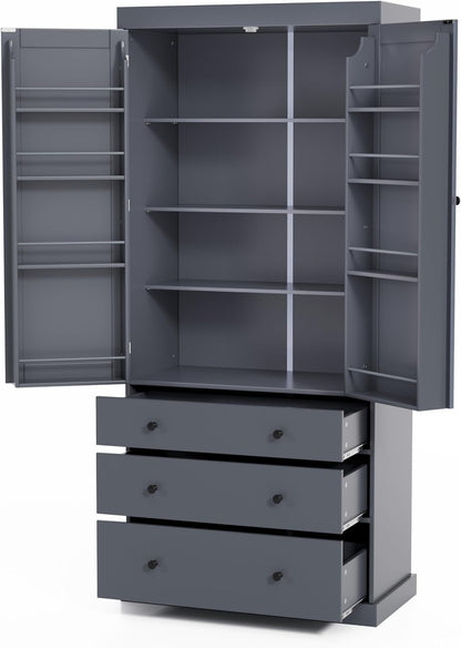 Merax 77" Kitchen Pantry Storage Cabinet with Drawers, Freestanding Bathroom Storage Cabinets with Doors and Shelves, Tall Cupboard Storage Cabinet Food Pantry Cabinet for Dining Room Craft Room, Gray