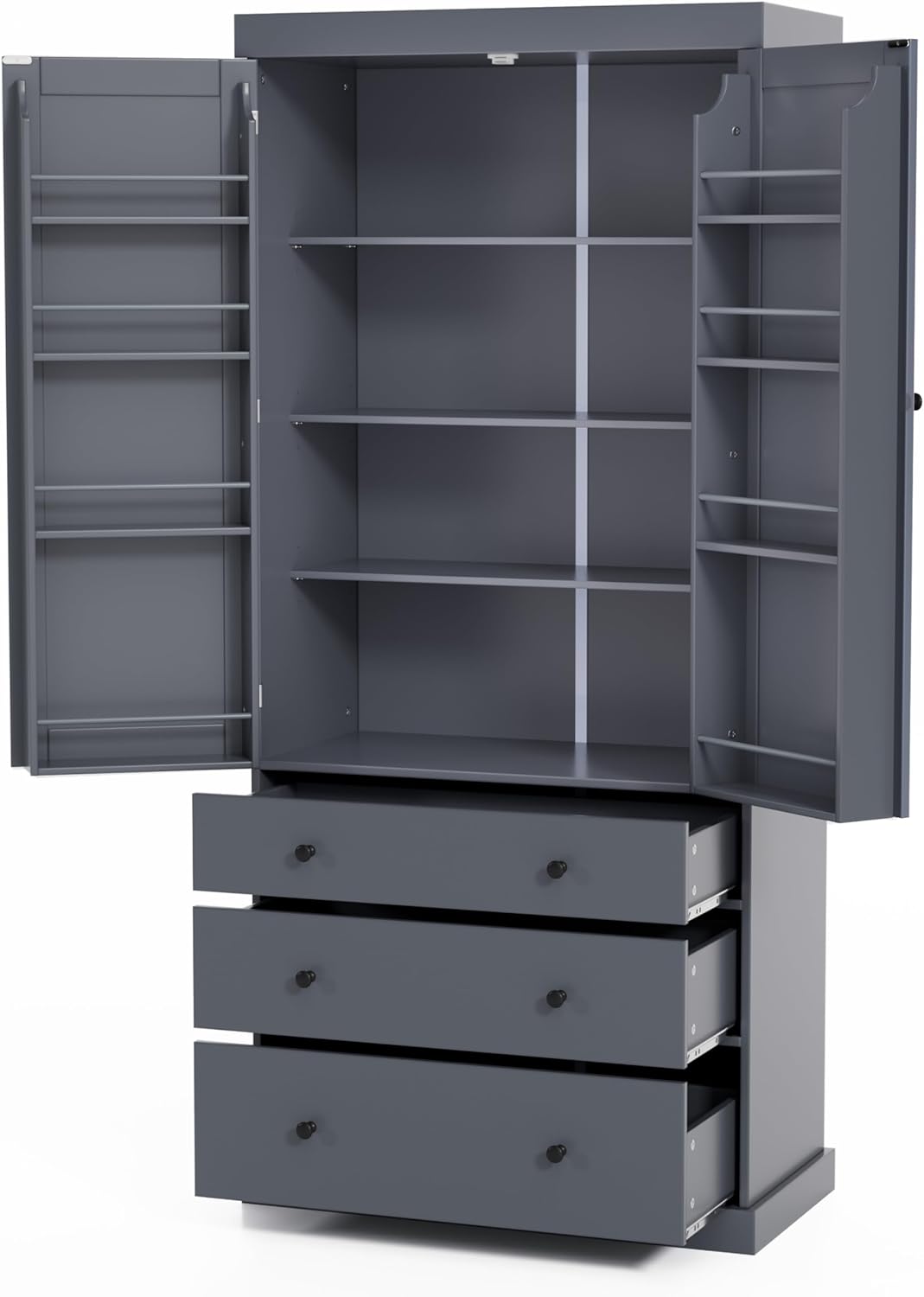Bellemave Large Kitchen Pantry Freestanding Cupboard Storage Cabinet with 3 Adjustable Shelves, 8 Door Shelves, 3 Drawers High Kitchen Buffet Cabinet for Living Room, Kitchen (Grey)