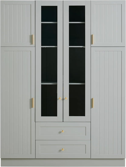 71" H Large Kitchen Pantry with 6 Doors, 53.2" L x 17.7" W Wooden Cupboard with Drawers, Pull-Out Trays, Wine Rack and Adjustable Shelves for Dining Room, Gray-Green