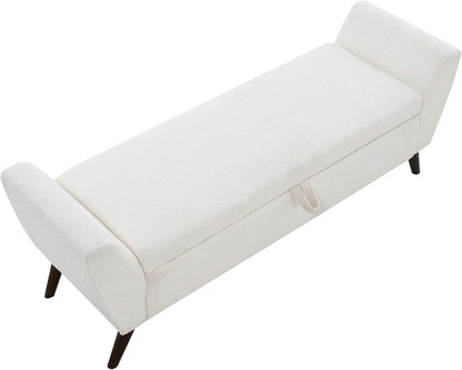 GDFStudio 60" Storage Bench with Seat & Hidden Storage, Teddy Fabric Upholstered Entryway Bedroom Bench, Solid Wood Frame, Rubber Wood Legs, Foam Cushion Seat, Cream