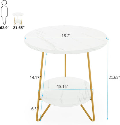 Tribesigns 2 Tier Round Side Table, Faux Marble End Table with Shelf, Small Gold Accent Nightstand for Living Room, Bedroom or Couch Side, White and Gold
