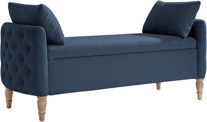HULALA HOME Storage Bench for Bedroom with Throw Pillows, 59" Large Bedroom Ottoman Bench with Solid Wood Frame, Comfy Upholstered Footstool with Flip-top for Living Room, Entryway, Indigo