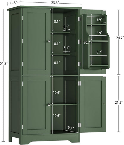 TEENFON 51" H Pantry Cabinet with 4 Doors, Kitchen Cabinet with 6 Door Shelves, Kitchen Pantry for Living Room, Dining Room, Bathroom, Green