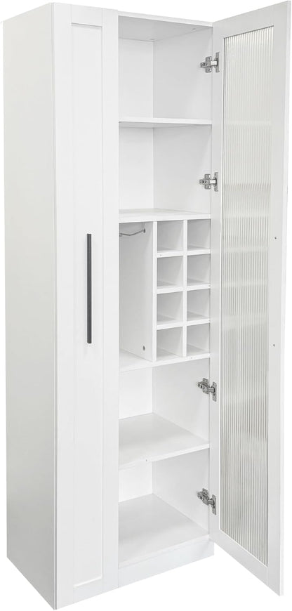 Kitchen Pantry Cabinet with Pull-Out Multi-Tier Storage Shelf, Farmhouse Storage Cabinet with Glass Doors, Tall Pantry Organizer for Kitchen, Dining Room & Living Room White