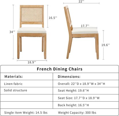 French Country Dining Chairs Set of 8, Beige Modern Kitchen & Dining Room Chairs, Rattan Dining Chair with Linen Upholstered Cushion, Low Cane Back, Wood Legs, Sillas de Comedor (Beige, 8 Pcs)