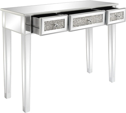 VINGLI Silver Mirrored Vanity Desk, Makeup Vanity Desk, Glass Desk with 3 Drawers, Glass Vanity for Women Girls Bedroom, Makeup Room & Office Writing Desk