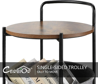 Rolling Round Metal Side Table,2-Tier Storage Side Table with Wheels,End Coffee Table with Steel Frame and Fabric Storage Basket,Cart Side Table Tray for Living Room,Bedroom,Wood Black