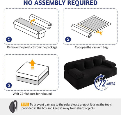 78.7'' Couches Queen, Corduroy Futon Sofa Bed, Modern Floor Couch, Cloud Convertible Sleeper Sofa Daybed, Comfy Loveseat, 3 Pillows, for Small Spaces, Living Room, Apartment, Black