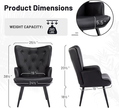 Furniliving PU Leather Accent Chair for Living Room, Upholstered Reading Chair with High Backrest, Tufted-Button Wingback Armchair for Bedroom, Dressing Room, Home Office, Black