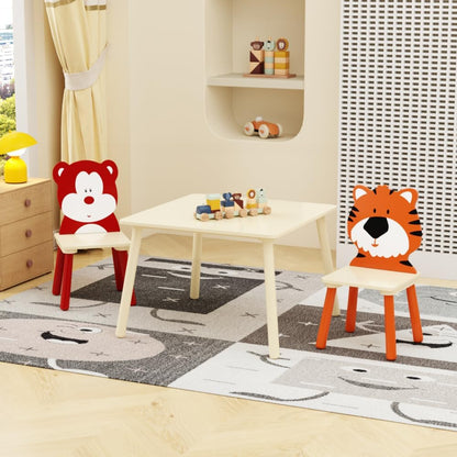 3 Pieces Kids Table and Chairs Set- Wooden Toddler Activity Table and 2 Chair Set with Bear and Tiger Chairs, Play Drawing Table for Daycare Classroom Nursery Home, Natural