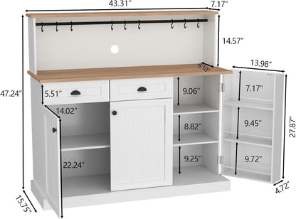 Gyfimoie Sideboard Buffet Cabinet with 2 Drawers, Farmhouse Kitchen Pantry with Adjustable Shelves, Coffee Bar Cupboard Cabinet with 3 Doors for Kitchen, Dining Room (White)