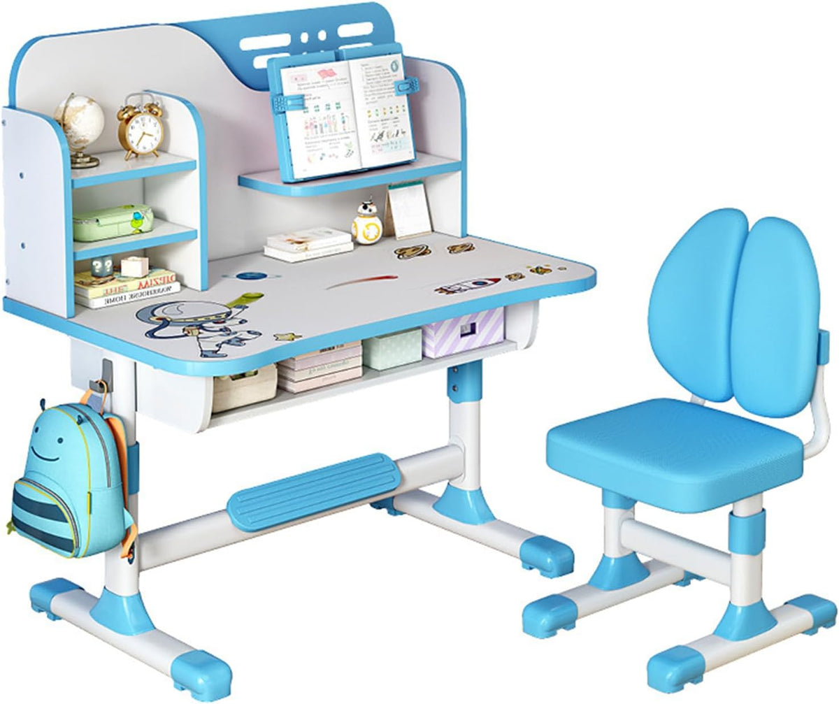 Kids Desk and Chair Set | Adjustable Study Table with Bookshelf & Drawer, Astronaut Theme for Boys and Girls, Ages 3-18 (Pink/Blue) (Blue)