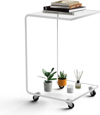 C-Shape Acrylic Side Table with Wheels,13.8" L x 13" W x 22" H x 1/2" Thick Clear End Table,Transparent Nightstand with Waterfall Edges,Modern Lucite Side Table for Living Room