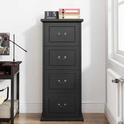 Tribesigns 4-Drawer File Filing Cabinet, Vertical Office File Cabinet,Black | Wooden Filing Cabinet for Legal/A4/Letter Size, Narrow Tall File Storage with Adjustable Hanging Rods for Home Office