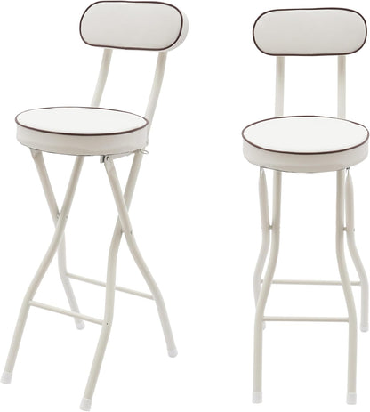 Set of 2-Folding Bar Stool Chair with Back, White Tall Foldable Chair Leather Padded Counter Height Collapsible Stool for Adults Kitchen Island Guitar Shop Cafe
