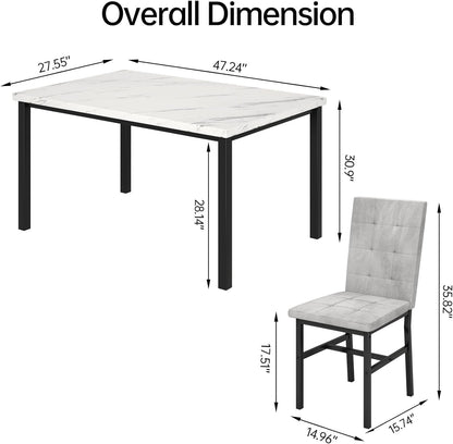 Hooseng Dining Room Table Set 5 Piece Dining Table Set Marble Dining Table 4 Chair Dining Table Set for Kitchen Living Room Breakfast Small Spaces (White & Grey)