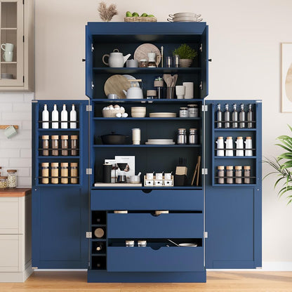 Merax 77'' Tall Freestanding Kitchen Pantry, 35''Lx17.7''W Modern Shaker Style Cupboard Storage Cabinet with Adjustable Shelves,Door Shelves, Drawers and Wine Racks, Blue