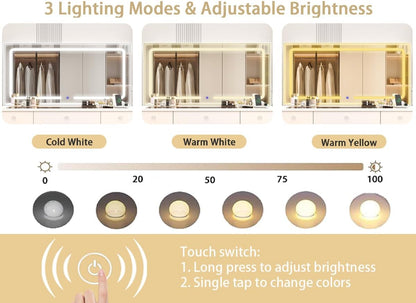Vanity with Lighted Mirror, Glass Top Makeup Vanity Desk with Power Outlet and 9 Drawers, 3 Color Lighting Modes Adjustable Dresser for Bedroom, White