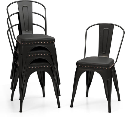 GIANTEX Metal Dining Chairs Set of 4, Stackable Armless Kitchen Side Chair with Detachable Backrest & PU Leather Padded Seat, Modern Dinette Chairs for Dining Room, Cafe, Restaurant, Bar (Black)