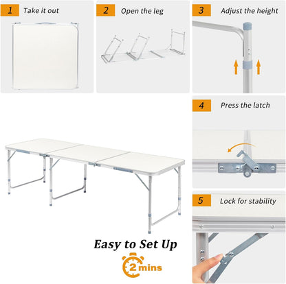 6FT Folding Dining Table, Portable Aluminum Picnic Table with Adjustable Height, Foldable Lightweight Collapsible Camp Table Desk with Carrying Handle for Indoor Outdoor Activities Events