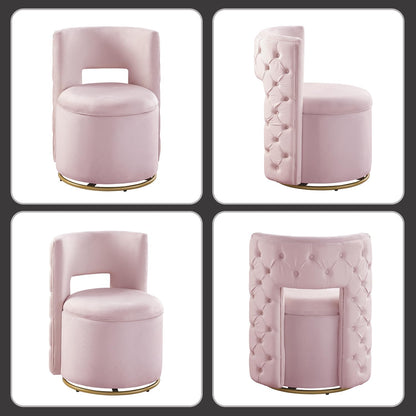 Swivel Chair with Storage for Living Room, Round Velvet Vanity Chair with Tufted Button Back, Pillow Included (Pink)