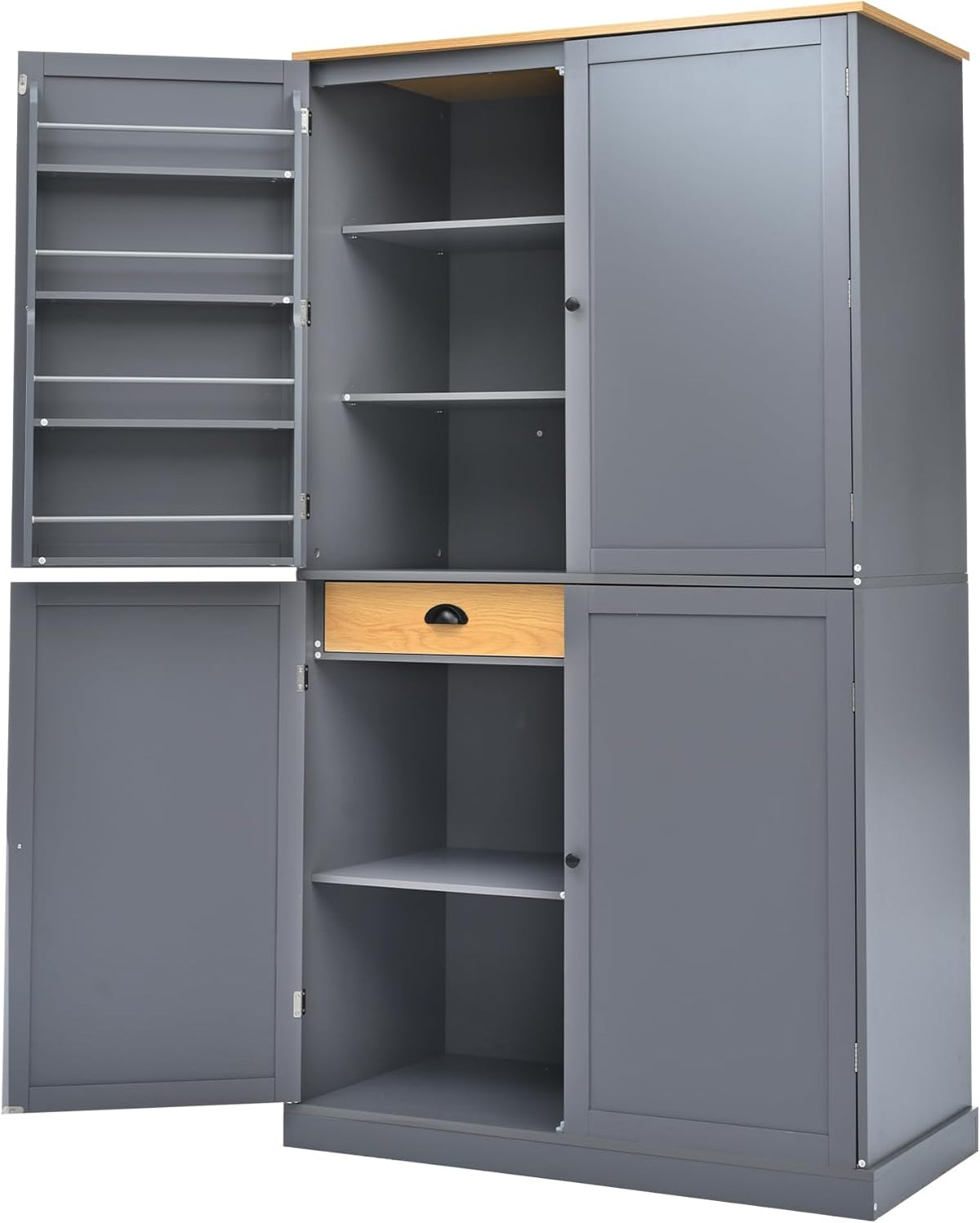 RUNNA High Freestanding Kitchen Pantry with 2 Drawers, 2 Adjustable Shelves, 8 Door Shelves, Large Cupboard Storage Cabinet for Dining Room (Gray#Large)