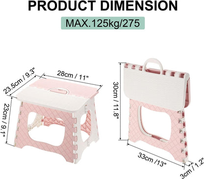 uxcell 9" Folding Step Stool for Adults 275 lbs Capacity Non-Slip Step Stool with Handle Collapsible Foot Stools, Pink Small Stepping Stool for Bathroom, Bedroom, Kitchen
