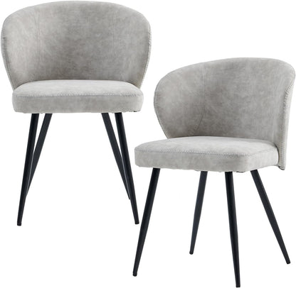 Dining Chairs Set of 2, Mid Century Modern Kitchen Chairs with Leather Cushion & Metal Legs, Upholstered Dining Room Chair with Curved Backrest for Home Kitchen, Grey