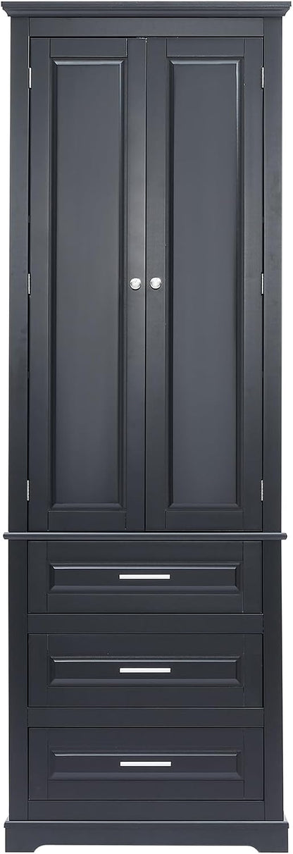 Merax 70" Pantry Cabinet with Two Doors & Three Drawer, Adjustable Shelves Storage Cupboard for Kitchen/Dining Room/Bathroom, Black