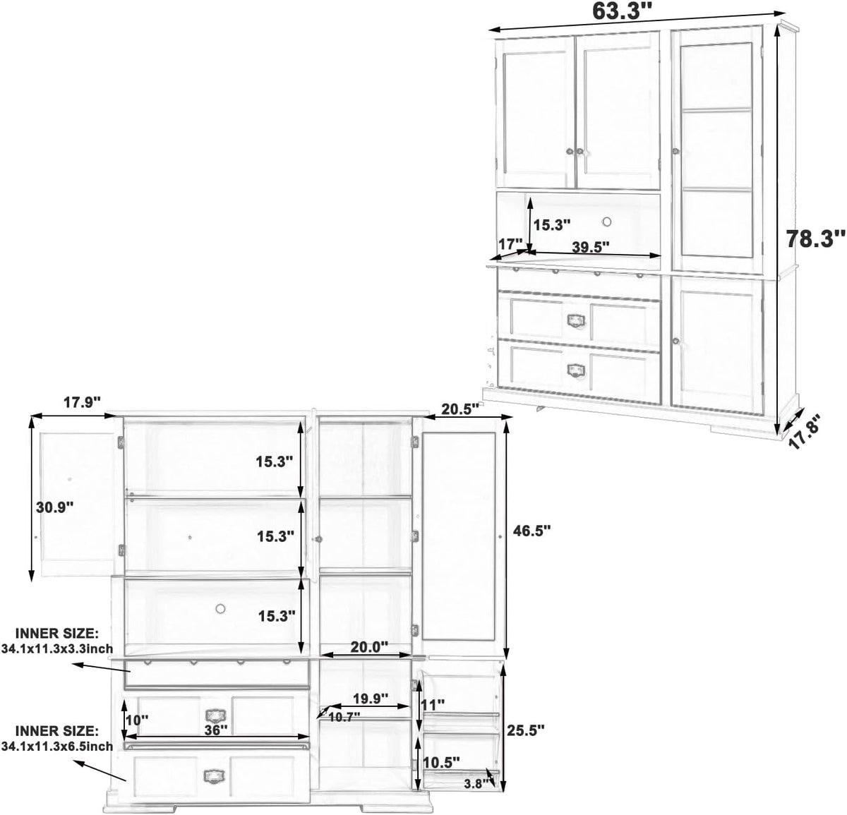 63.3" Traditional Freestanding Buffet Hutch with Storage Shelves & Organizer, Large Kitchen Pantry with Workstation (Blue17)