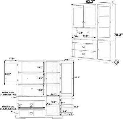 Large Pantry Storage Cabinet with Adjustable Shelves and Drawers, Freestanding Buffet Cabinet Cupboard with Hutch and Door Shelf for Dining Room, Kitchen (Blue)