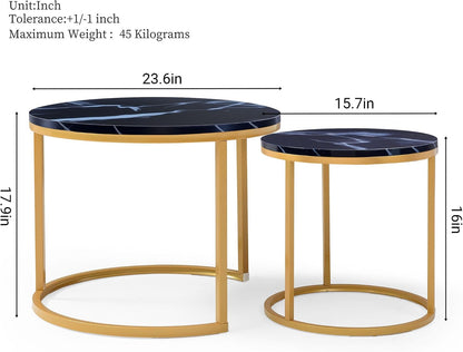 Anwick Set of 2 Circular Coffee Table, Nesting Design for Living Room, Small Round & Circle Coffee Table for Apartment, Sturdy Metal Frame (Black+Gold)