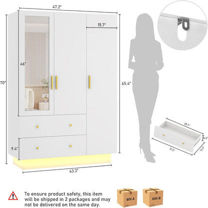 chartustriable 3 Doors Armoire Wardrobe Closet with Mirror, LED Armoire with Doors and Drawers, Wooden Wardrobe Storage Cabinet with Hanging Rod, Adjustable Shelves, White