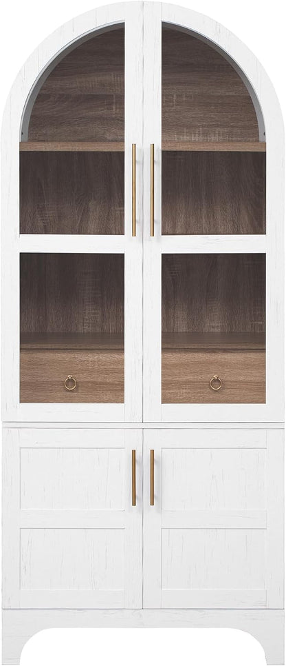 Arched Pantry Cabinet with Adjustable Shelves, Kitchen Storage Cabinet with Arched Door & Hidden Drawer, Tall Narrow Farmhouse Pantry for Small Spaces (White)