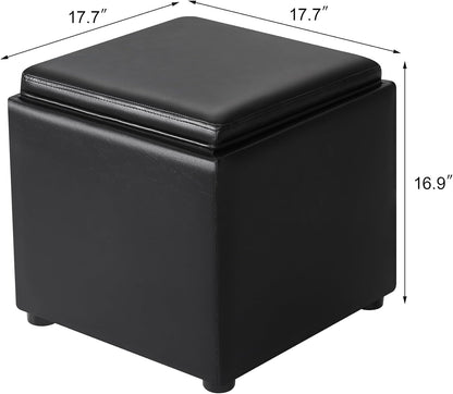Adeco 17" Black Storage Ottoman Cube with Tray Lid, Small Footstool with Storage, Square End Table for Living Room & Bedroom