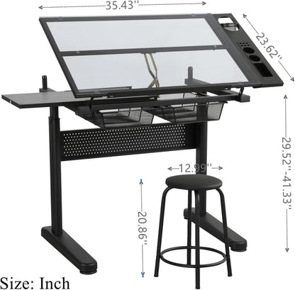 Drafting Desk with Stool, Upgraded Hand Crank Adjustable Height Art Table with Storage, 0-75° Tilting Glass Tabletop Drawing Table for Artists, Ergonomic Design for Painting, Sketching, Black