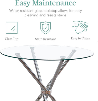 5 Pieces Round Dining Room Set for 4 Contemporary Glass Kitchen Table with 4 PU Chairs Set Compact Silver Legs Glass Table with Grey Chairs Set for Small Space/Apartment