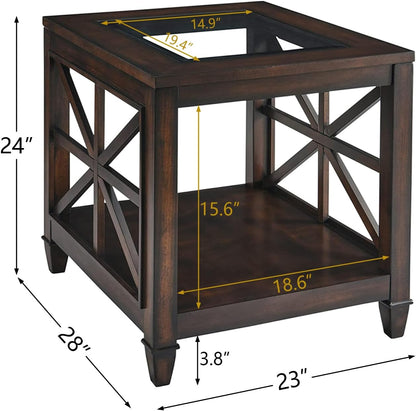 Set of 2 Large Solid Wood End Tables with Tempered Glass Top, 28" x 24" Farmhouse Side Tables, Vintage Walnut for Living Room, Bedroom, Office